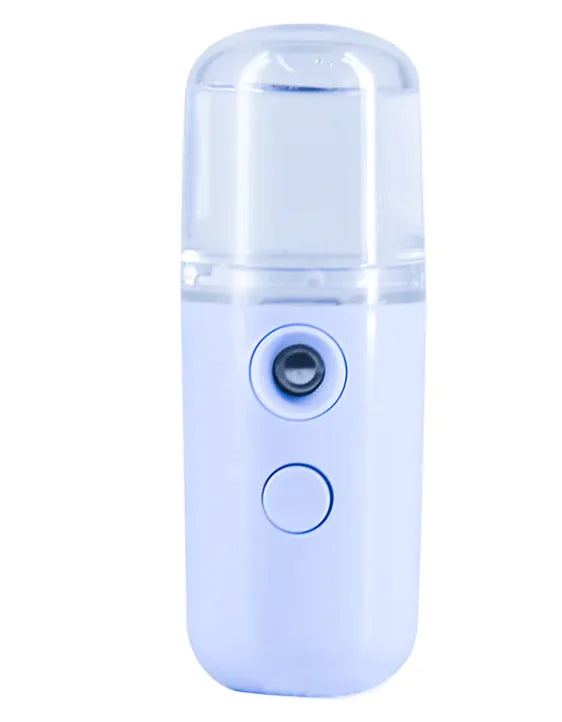 Small blue cylindrical device with a button on a white background