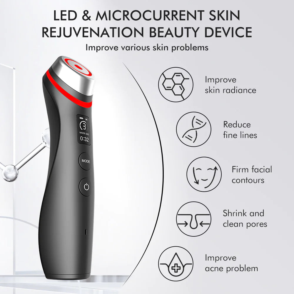 Beauty device for LED & microcurrent skin rejuvenation with features listed on a white background