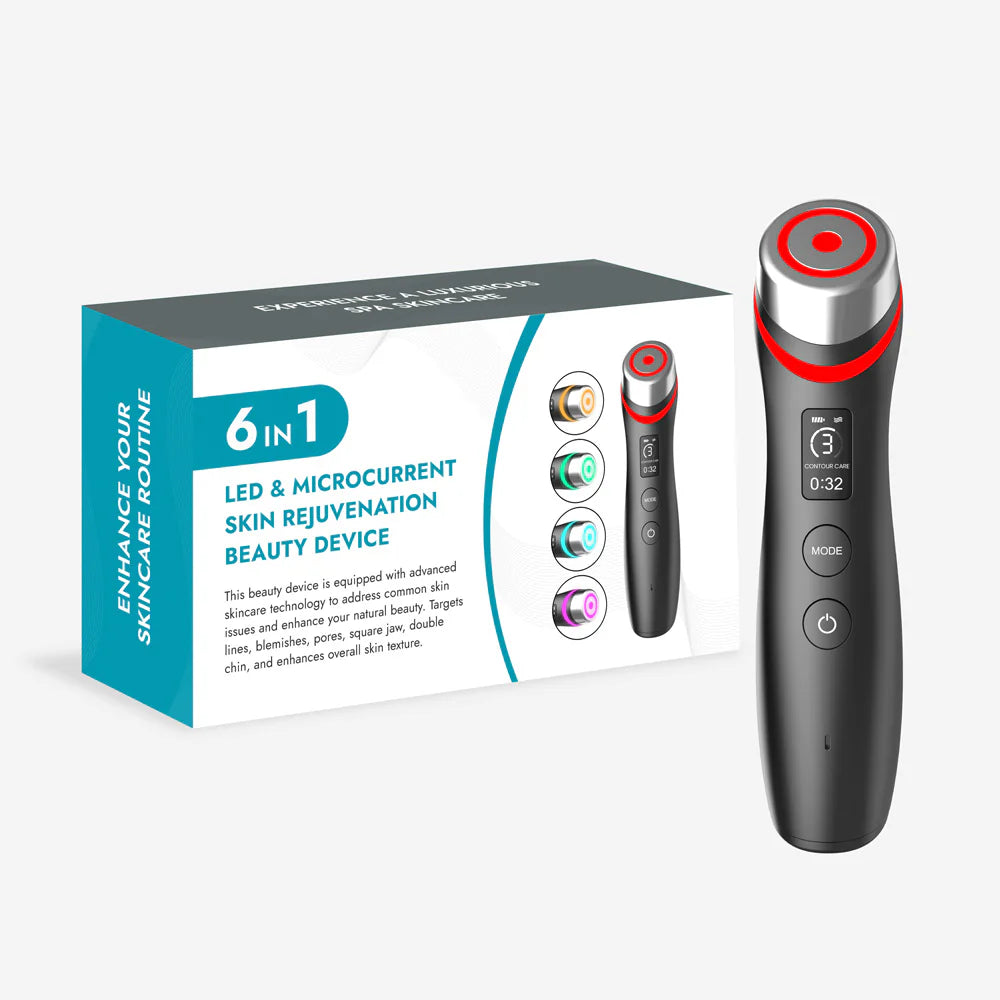 6-in-1 LED & Microcurrent skin rejuvenation beauty device with packaging on a white background