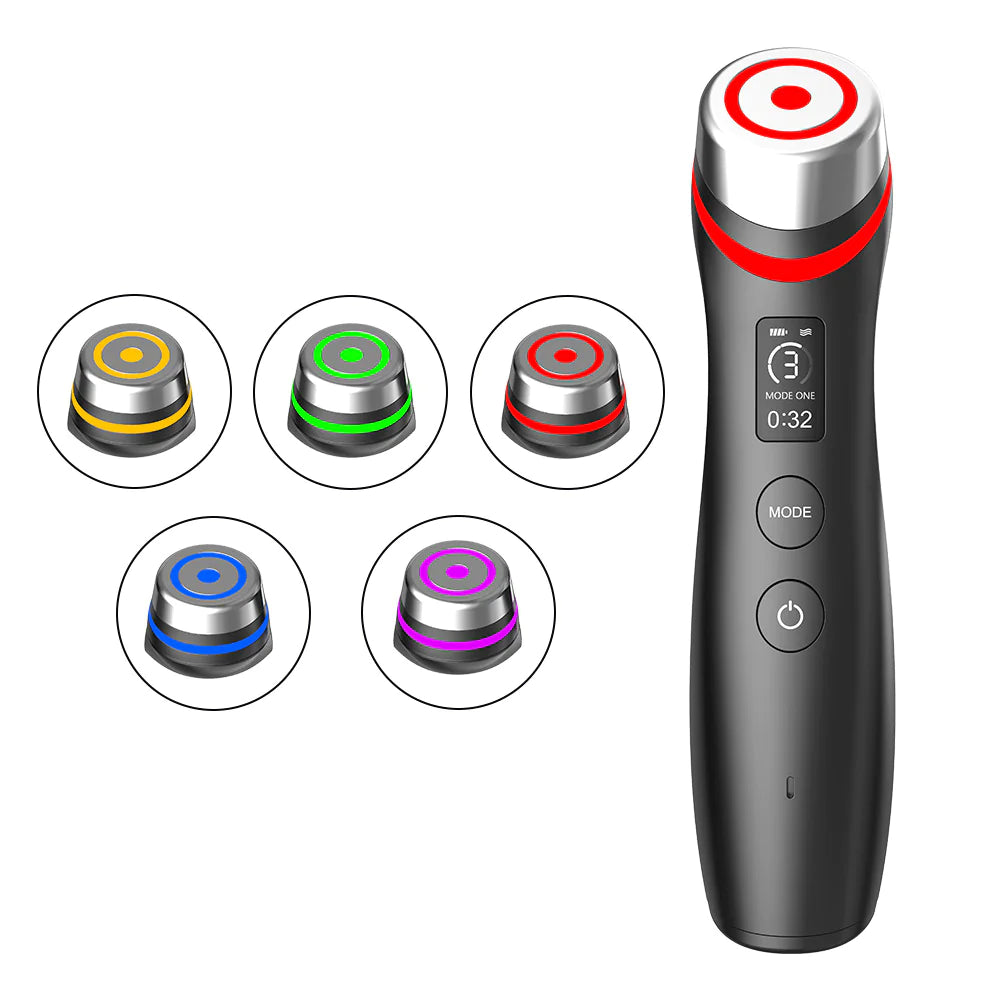Black handheld device with red and gray accents, surrounded by circular insets showing different colored attachments.