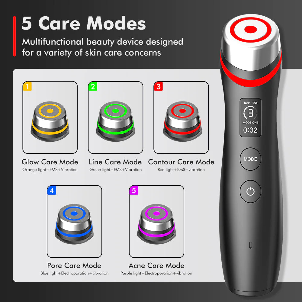 Multifunctional beauty device with 5 care modes on a gray background