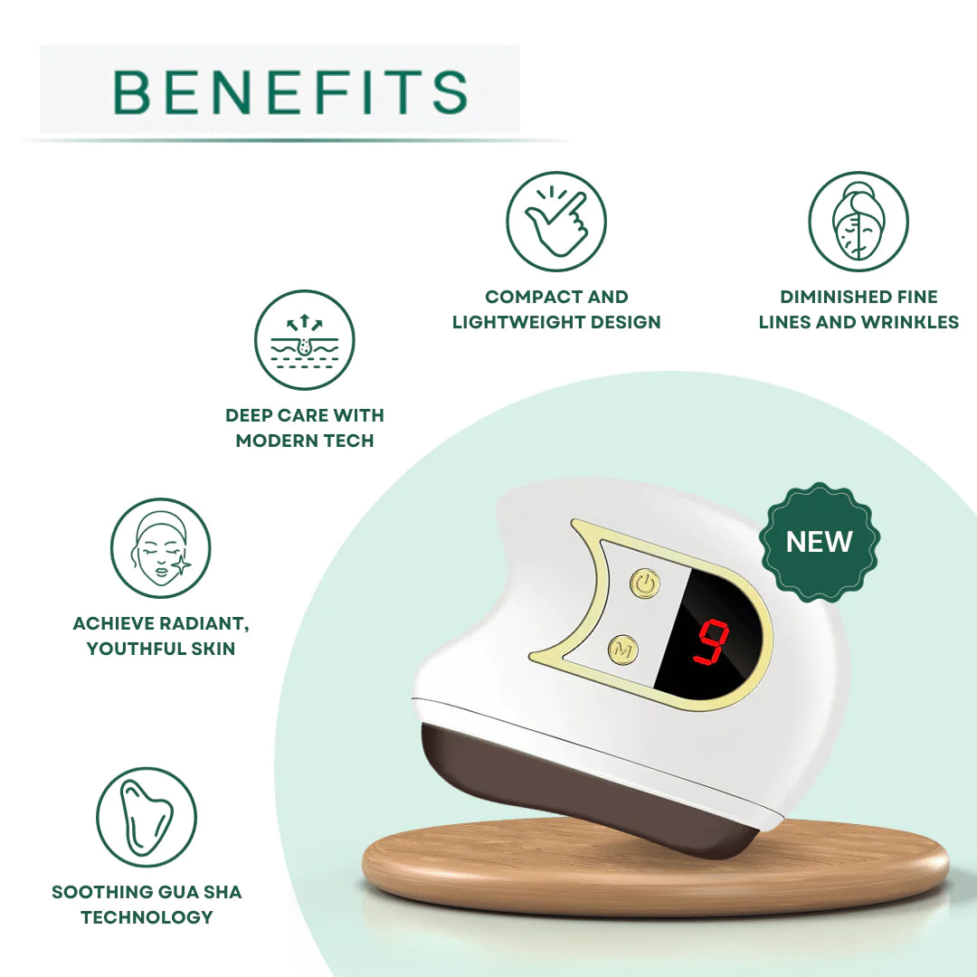 Skincare device with benefits listed on a light green background