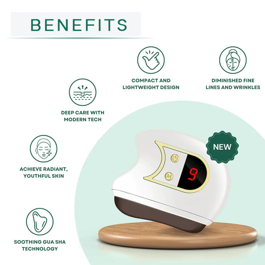 Skincare device with benefits listed on a light green background