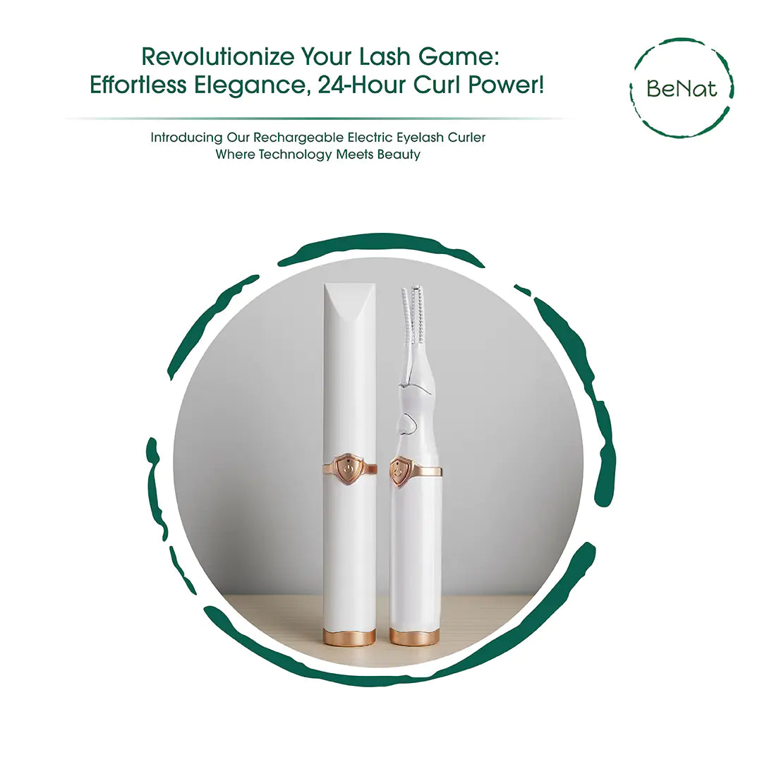 Rechargeable electric eyelash curler with branding and promotional text on a white background