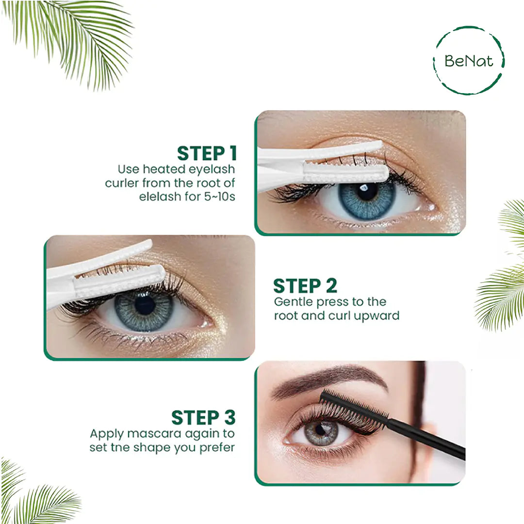 Step-by-step guide on using an eyelash curler and mascara with BeNat branding.