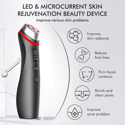 Beauty device for LED & microcurrent skin rejuvenation with features listed on a white background