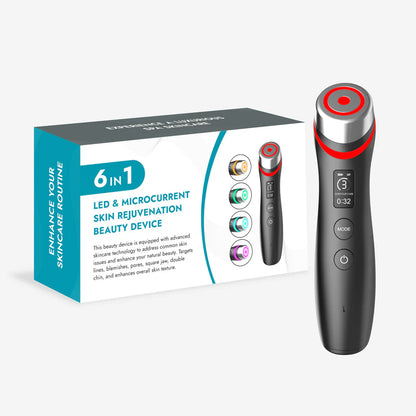 6-in-1 LED & Microcurrent skin rejuvenation beauty device with packaging on a white background