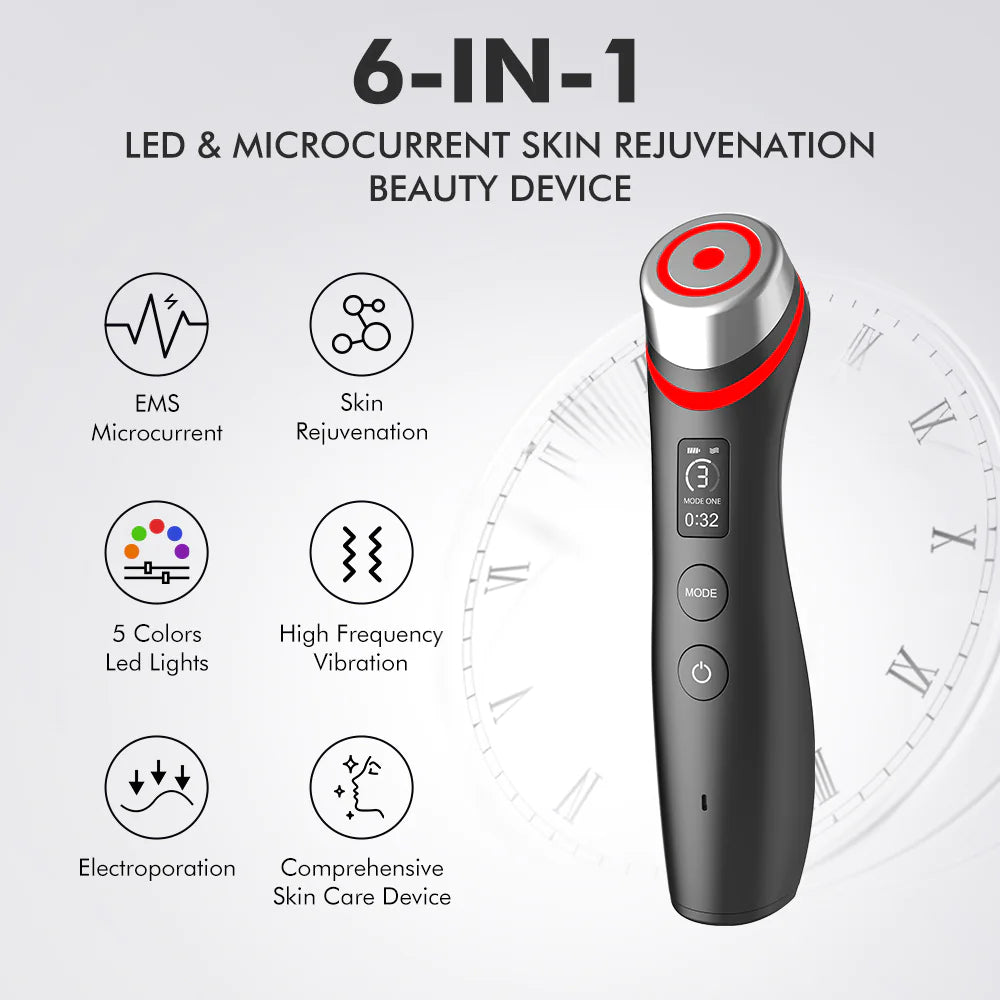6-in-1 LED & Microcurrent skin rejuvenation beauty device with features listed on a gray background.