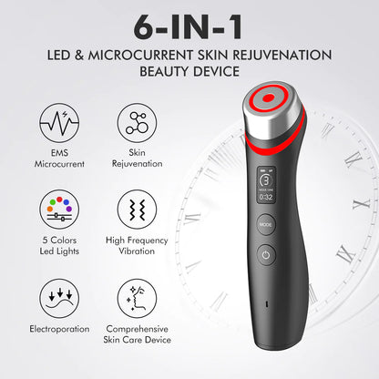 6-in-1 LED & Microcurrent skin rejuvenation beauty device with features listed on a gray background.