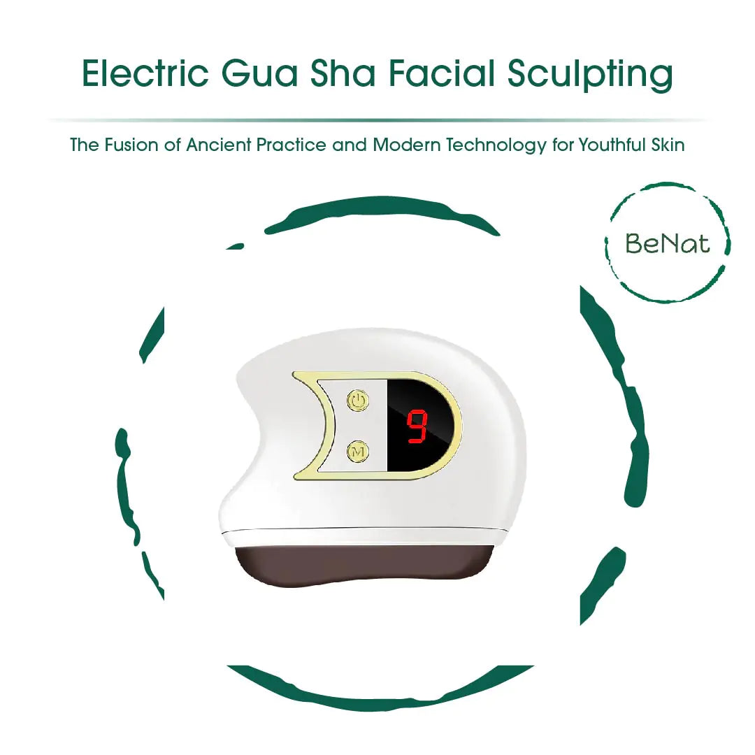 Electric Gua Sha Facial Sculpting device with digital display on a white background, featuring the brand 'BeNat'.