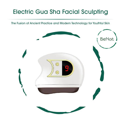 Electric Gua Sha Facial Sculpting device with digital display on a white background, featuring the brand 'BeNat'.
