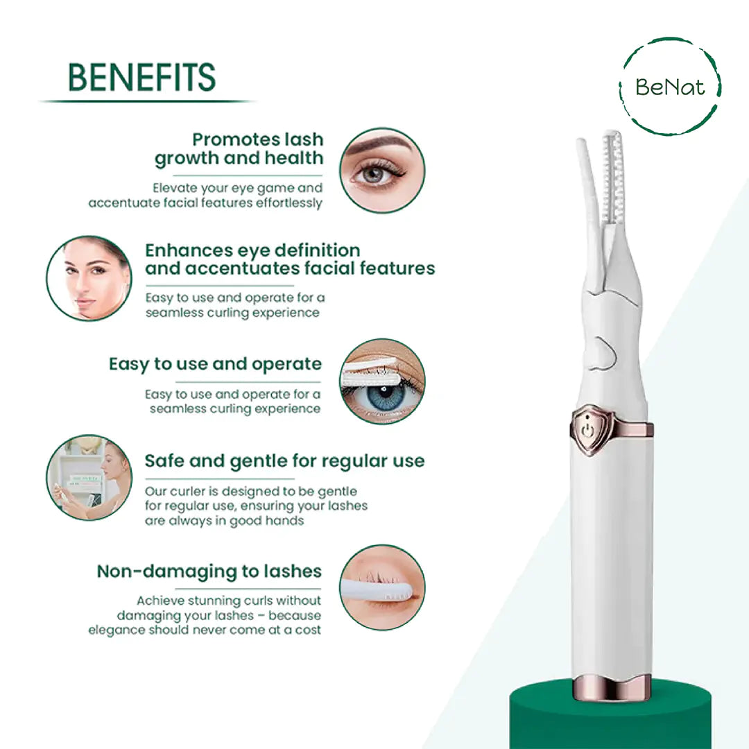 Eyelash curler with benefits listed on a white background