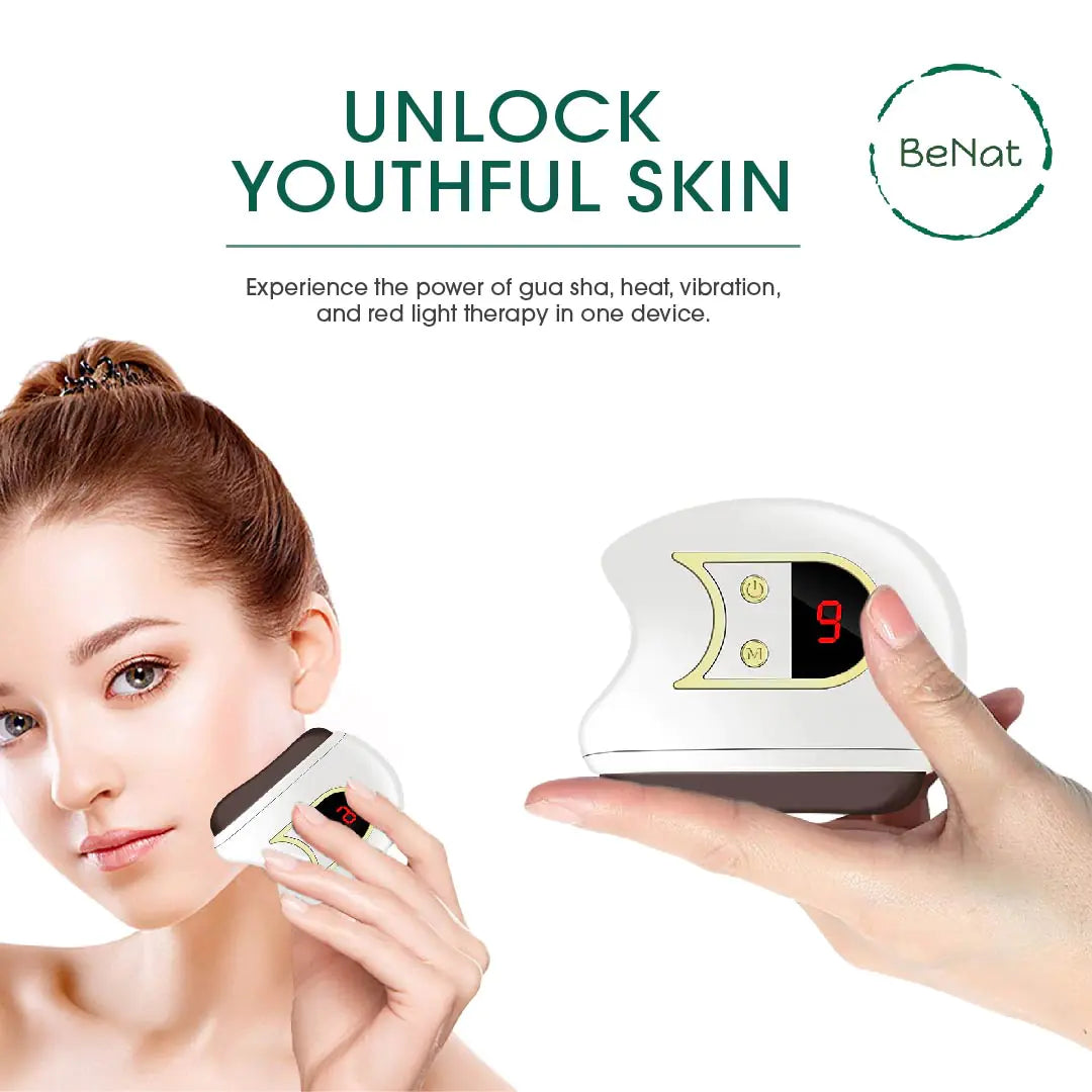 Facial device with digital display held by a hand, next to a woman applying it to her face, with 'BeNat' branding.