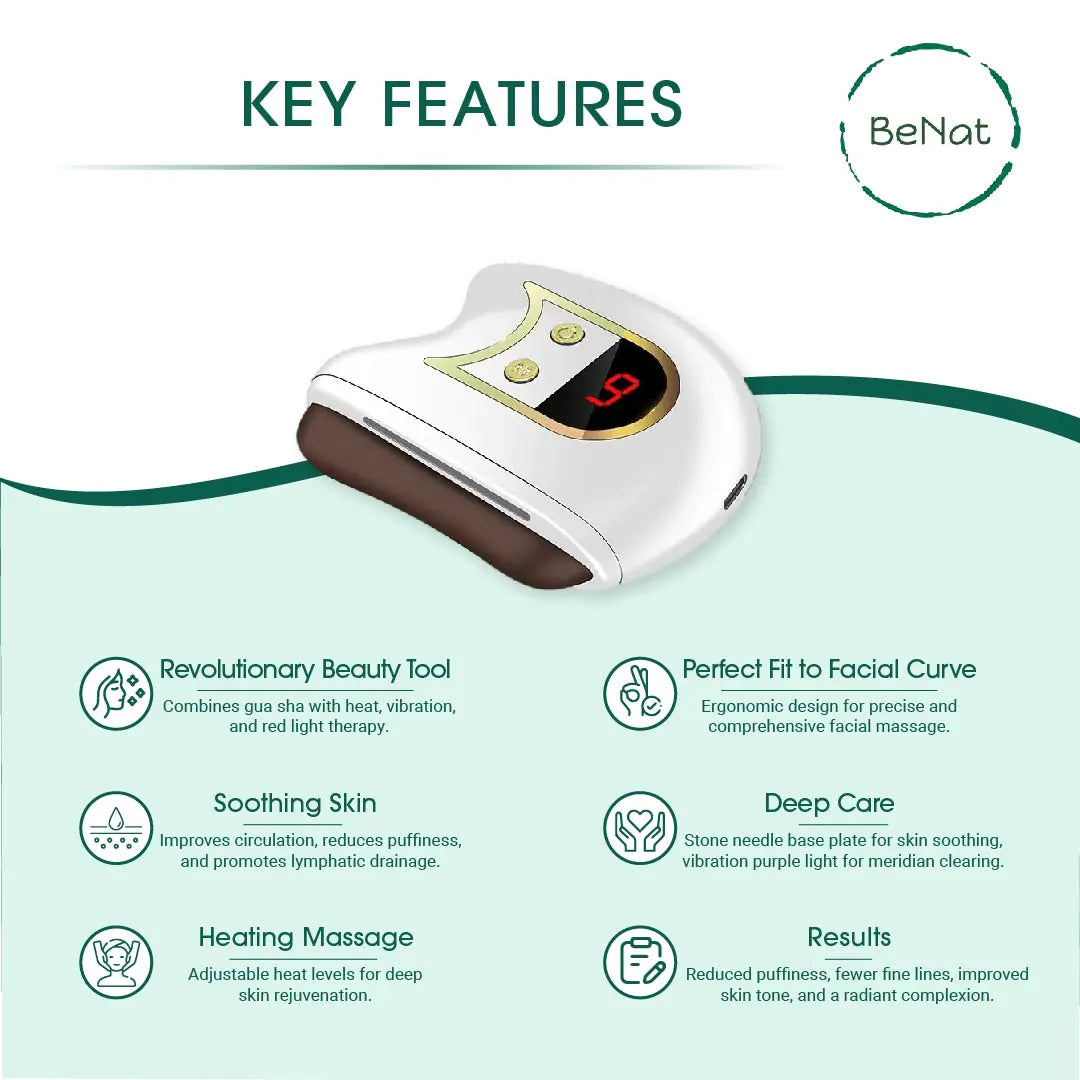 Beauty tool with key features listed on a green and white background