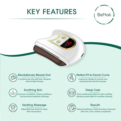 Beauty tool with key features listed on a green and white background